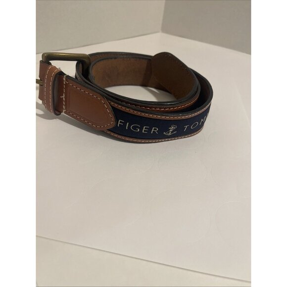 Tommy Hilfiger cowhide buffalo leather brass buckle canvas nautical belt 32/80 - Picture 3 of 16
